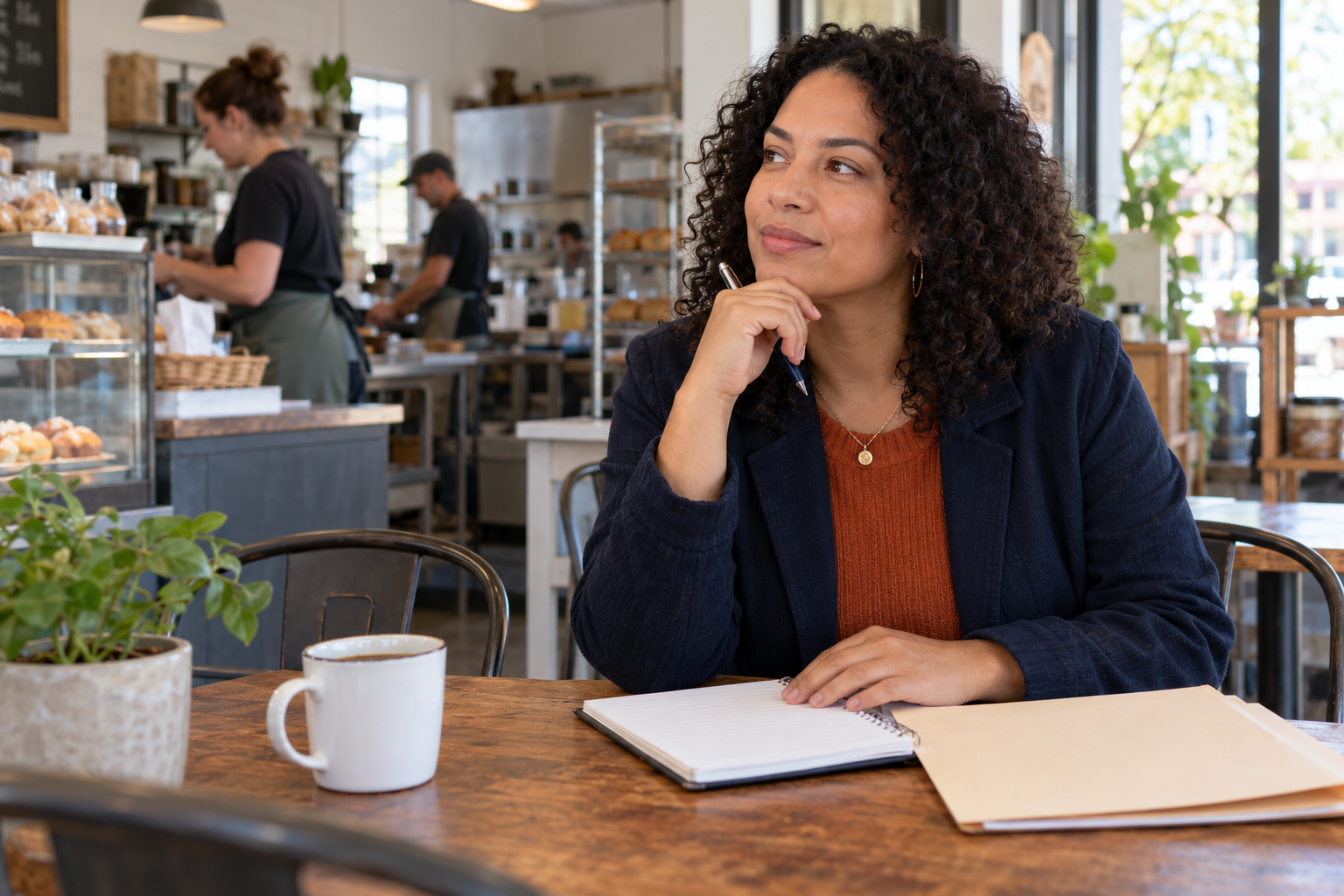A prospective buyer considering notes in a local business