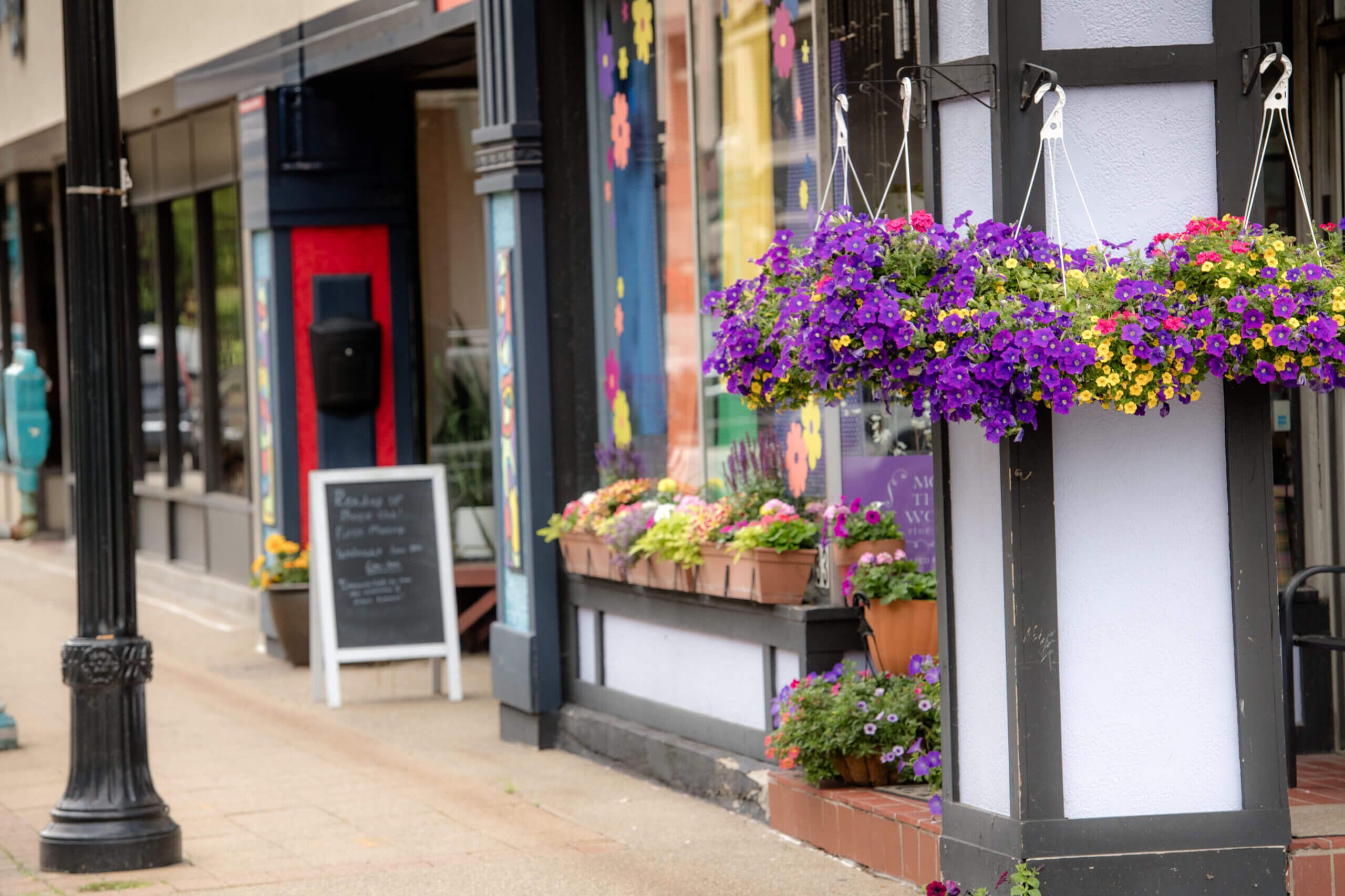 A Main Street storefront with hanging flower baskets and a sidewalk chalkboard sign