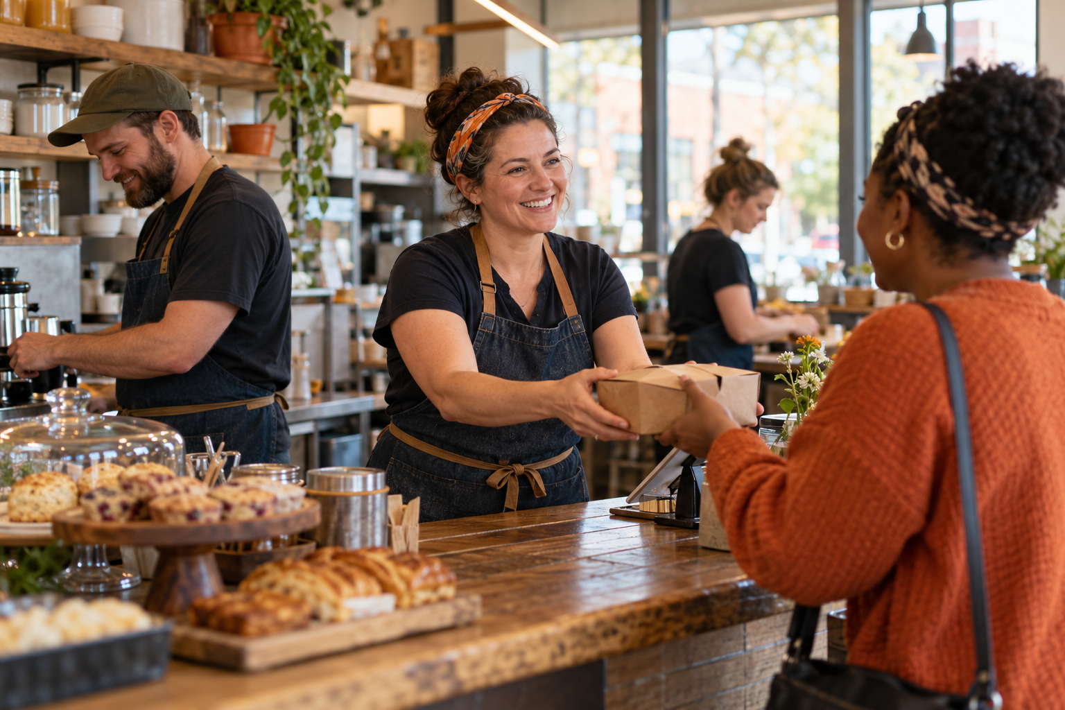A local business team serving a customer together
