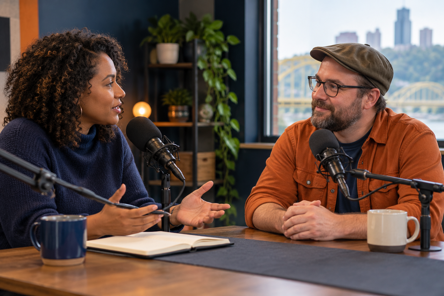 Two people in conversation across microphones in a recording room