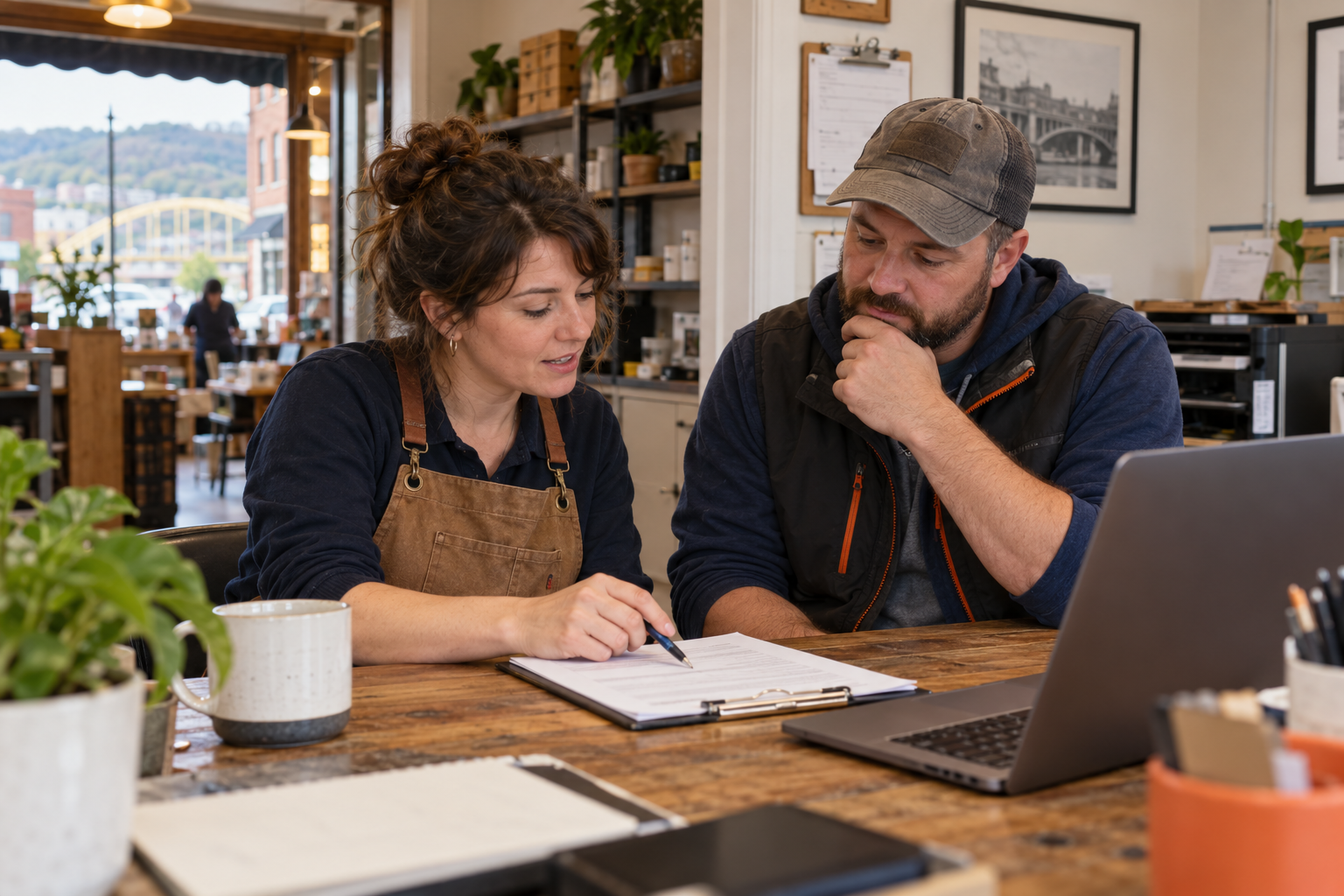 A business owner and team member reviewing everyday decisions together