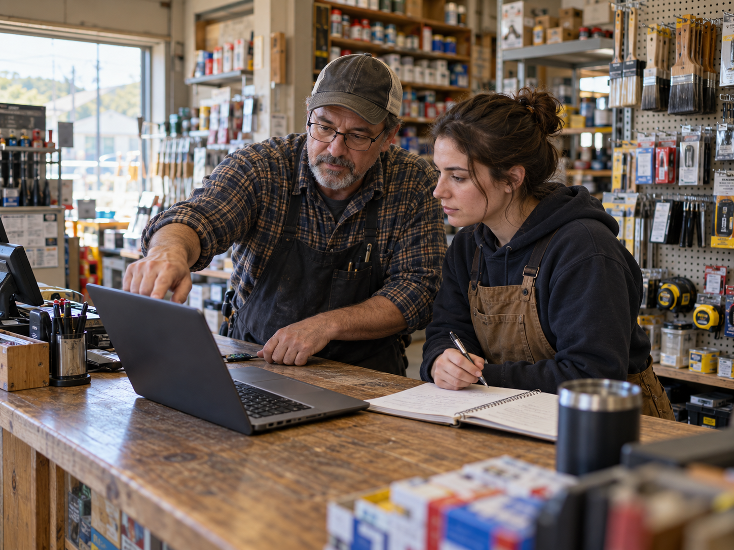 A hardware store owner showing an employee how to place an inventory order