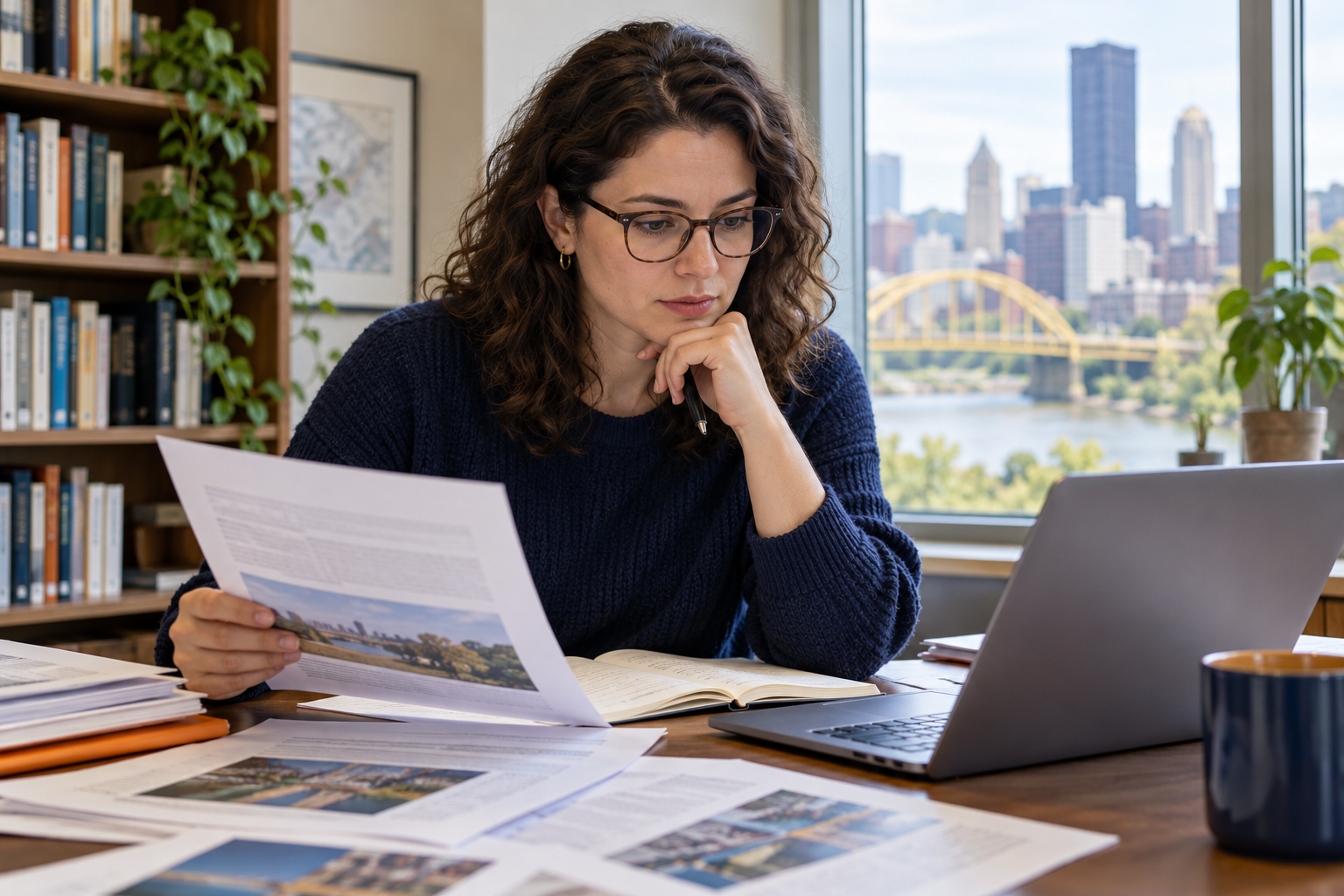 A researcher comparing printed sources beside a laptop