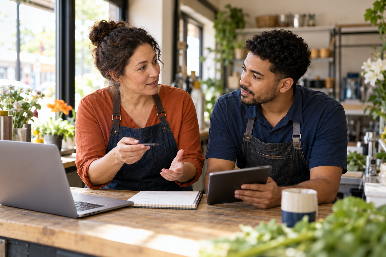 A business owner and team member discussing responsibilities at work