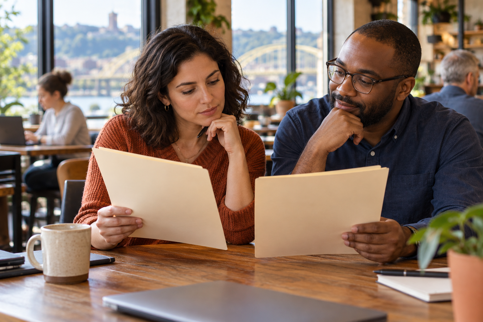 Two prospective owners comparing information about different ownership paths