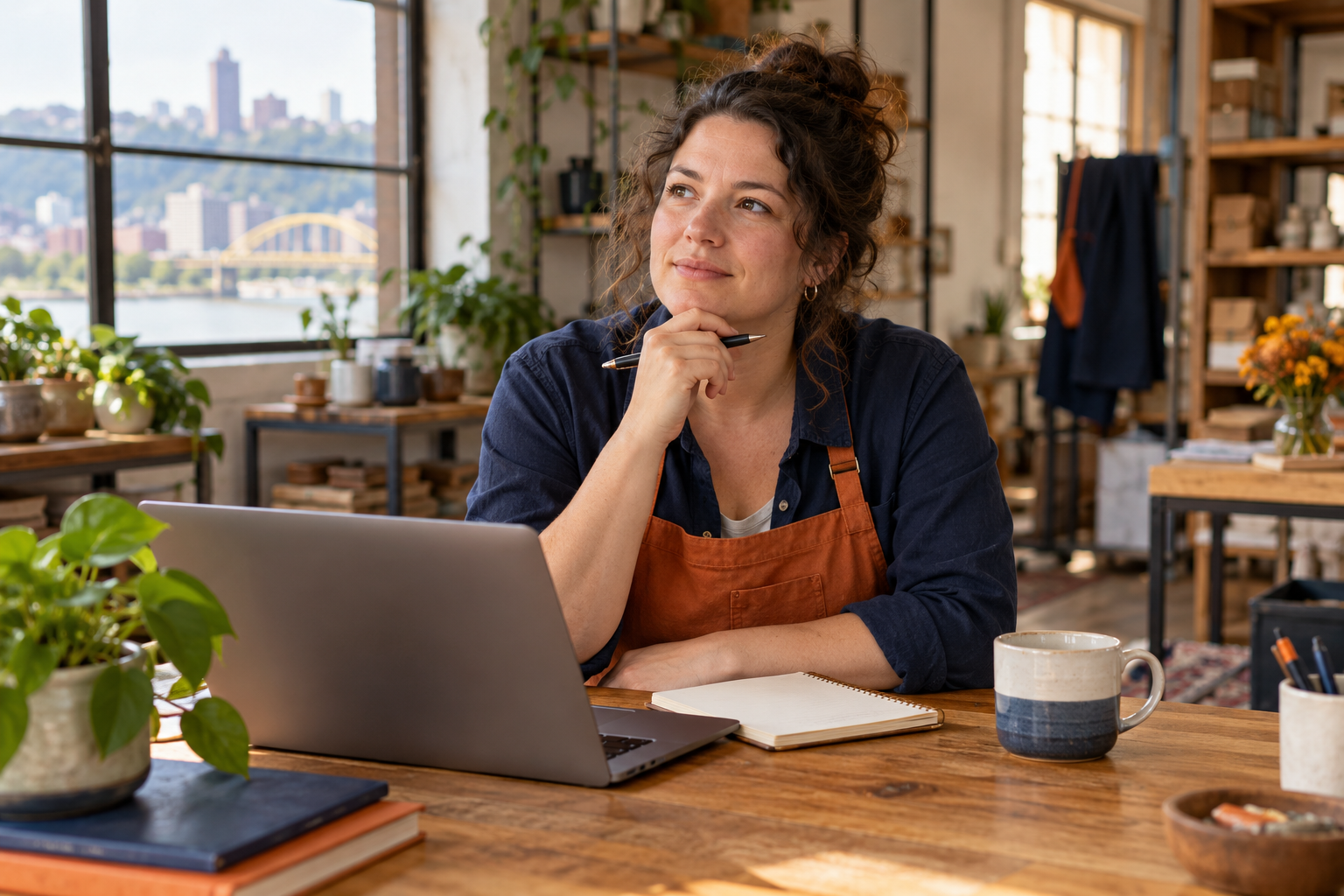 A business owner considering a question at a desk with a notebook and laptop